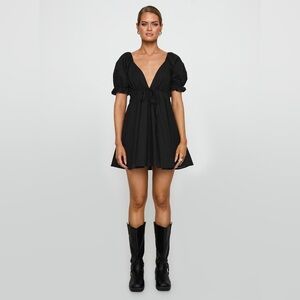 Princess Polly Blissful Mini Babydoll Dress Black V-Neck Puff Sleeve Cotton XS/2